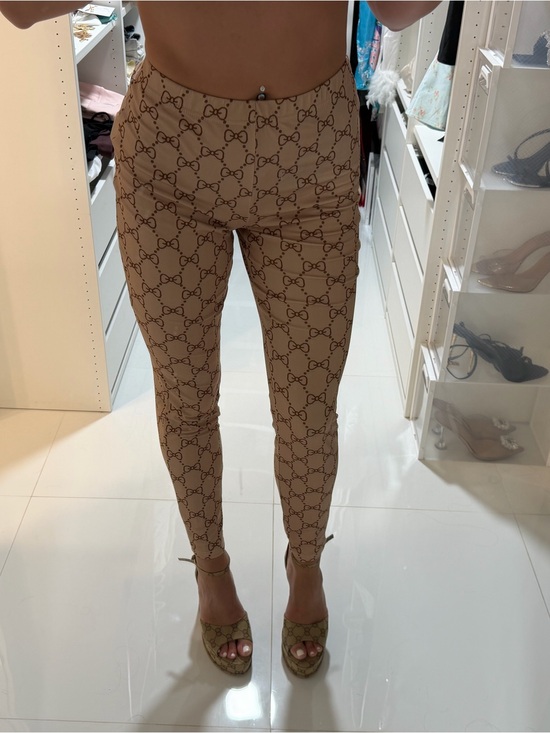 Pants - Beige Logo-Print High-Waist Skinny Pants